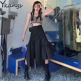 Cargo Black Punk High Waist Streetwear Gothic Irregular split Loose Midi Skirt Korean Women Harajuku Grey pleated skirt 210421