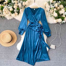 Neploe Autumn Vintage Velvet Dress Women New Chic Sashes Slim Waist Irregular Femme Vestidos Sexy V-neck A-line Dresses 210423