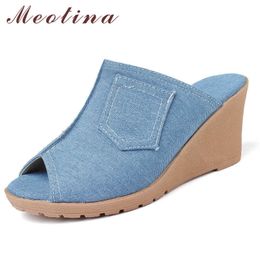 Meotina Shoes Women Wedge High Heels Slippers Peep Toe Women Slides Female Denim Summer Sandals Black Blue Large Size 4-10.5 210608