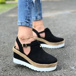 Sandals Fashion Women's Vintage Wedges Shoes Woman Buckle Strap Straw Thick Bottom Flats Platform Female Summer#g3