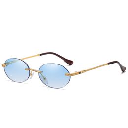 Sunglasses Fashion Oval Small Rimless Shades Designer Women Men Metal Blue Sun Glasses High Quality UV400 Eyewear