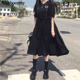 Japanese Harajuku Summer Women Streetwear Long Dress Gothic Punk Style Belt Cosplay Dress Short Sleeve Ribbon Ruffles Midi Dress 210409