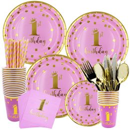 Taoup 1st 1 Set Year Birthday Party Decors Kids Child Baby Shower Boys Girls Happy Birthday Disposable Party Tableware Supplies 210408