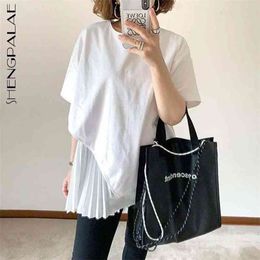 Simple Spliced Pleated Blouse Women's Summer Round Neck Loose Short Sleeve White Shirt Female Fashion 5E225 210427