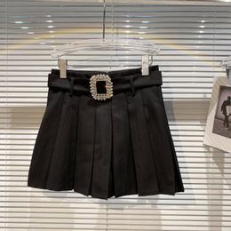 New Women's high waist rhinestone belt cute pleated short skirt with safety shorts inside SML