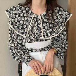Black All Match Vintage Summer Chic Daisy Printed Shirts Casual Streetwear Florals Femme Retro OL Blouses 210525
