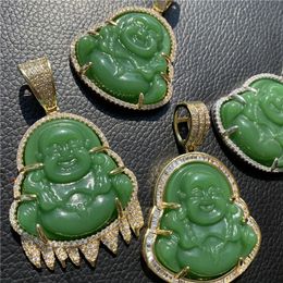 Hip Hop Iced Out Chain Laughing Buddha Green Jade Pendant Necklace Gold Silver Plated Lab Simulated Diamonds CZ Jewellery
