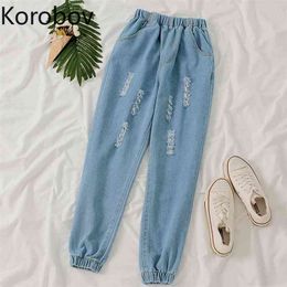 Korobov coreano streetwear buraco borla mulheres denim calça estilo formal elásticos cintura alta calça jeans vintage plus size corredgers 210430