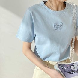 Casual Cartoon Embroidery Butterfly Thin Cotton T Shirt Woman Loose Baggy Short Sleeve O-Neck Tops Summer Clothes For Women Y0621