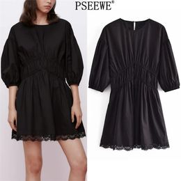 Woman Dress Black Lace Mini Women Summer Puff Sleeve Short es Ladies Elastic Ruched Casual es 210519