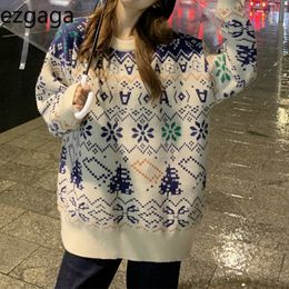 Ezgaga Knit Sweater Pullover Women Vintage Harajuku Outwear O-Neck Soft Loose Ladies Tops Snowflake Christmas Fashion Daily 210430