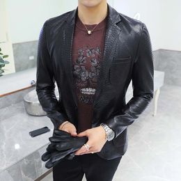 Men Suit Black Slim Fit Blazer PU Leather Jacket Male One Button Business Casual Prom Korean Suit Coat