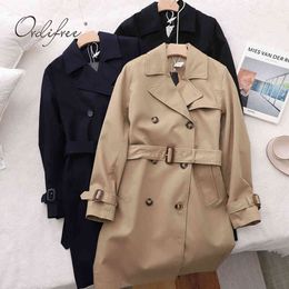 Autumn Women Trench Double Breasted Elegant Office Lady Belted Long Coat Casual Outwear Overcoat 210415