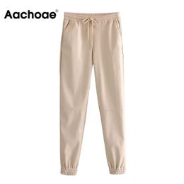 Aachoae Lady Full Length Pu Leather Pants Drawstring Sports Style Long Sweatpants Women Baggy Casual Pencil Pantalon Mujer 211102