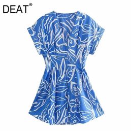 [DEAT] Summer Fashion Single-breasted V-neck High Waist Short Sleeve Printing A-line Mini Dress Women 13Q253 210527