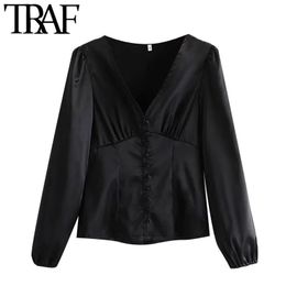 TRAF Women Fashion With Buttons Soft Touch Black Blouses Vintage V Neck Long Sleeve Female Shirts Blusas Chic Tops 210415