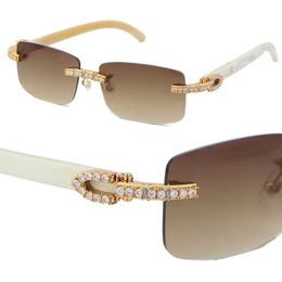 New Original White Genuine Natural Buffalo Horn Rimless Sunglasses 2.6 Carats Diamond Set Glasses Womans Men Famous UV400 Square Sun Glasses Male and Female 18K Gold