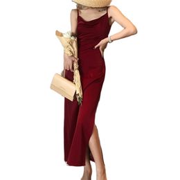 Retro red elegant dress female satin waist slimming suspender skirt summer and Korean fashion women's clothing 210520