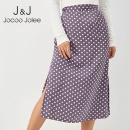 Women Elegant High Waist Satin Slim Bodycon Skirt Casual Polka Dot Split Midi Skirt Summer Bohemian A Line Skirts 210518