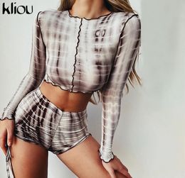 Kliou snake print tracksuit women bandage drawstring biker shorts set elastic sporty matching set lace sling fashion two piece X0428