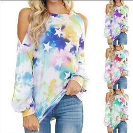 Loose Hedging Street Hipster Personality Off-shoulder T-shirt Fashion Round Neck Long Sleeve Tie Dye Print Women Tshirts 210517