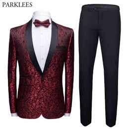 Wine Red Floral Jacquard Suit Men Luxury Brand Shawl Collar Mens Suits with Pants Party Wedding Prom Suit Men Costumes 6XL 210524