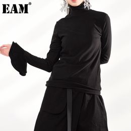 [EAM] Women Black Elastic Double-sided Leisure T-shirt Turtleneck Flare Sleeve Fashion Spring Summer 1DD215601 210512