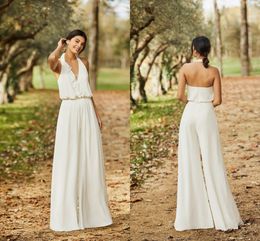 Bohemian Wedding Jumpsuit Halter Chiffon Ankle Comprimento Simples Praia Vestido de Casamento Calças Terno Verão Vestes de Mariée