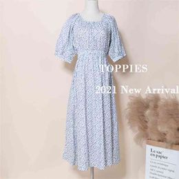 Summer Dresses Casual Floral Printing Long Woman Puff Sleeve Elastic Waist vestido mujer 210421