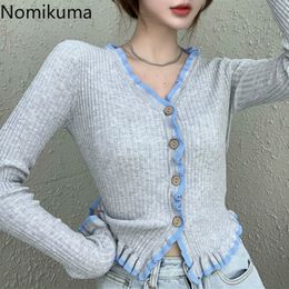 Nomikuma V Neck Long Sleeve Short Knit Tops Contrast Colour Single Breasted Sweaters Korean Chic Cropped Cardigan Sueter 3e010 210514