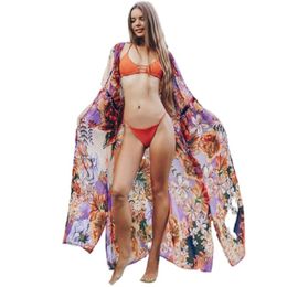 Bikini Cover-Ups Chiffon Big Flower Print Loose Self-Tie Women's Summer Kimono Dress Beach Wear Swim Suit Cover Up Casual Dresses