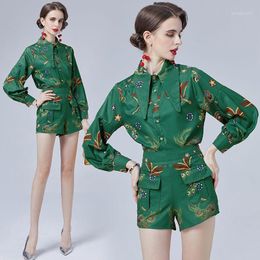 Women's Tracksuits Autumn Runway Lantern Sleeve Lapel Collar Peacock Feather Floral Print Shirts + Pencil Green Shorts Two Piece Set 8618