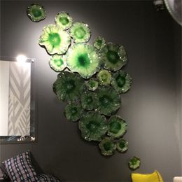 Green Lotus Leaf Plates Lamp Wall Decor Hanging Murano Hand Blown Glass Art Mounted Flower 15 to 50 CM