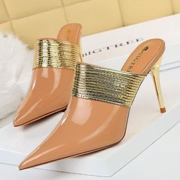 closed toe heels UK - Slippers 2021 Luxury Women Fetish 9cm Thin High Heels Slides Mules Designer Lady Nude Black Closed Toe Outsides Prom Shoes