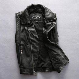 Men's Leather & Faux 2021 Slim Fit Sleeveless Motorcycle Jacket With Lucky Pig Pattern Black Cowskin Fashion Men Biker Vest Male