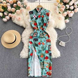 Women Improved Cheongsam Fashion Lace Stand Neck Fork Package Hip Dress Summer Vintage Vestidos S457 210527