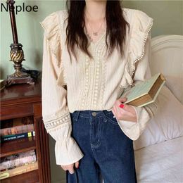 Neploe Blouses Women Lace Crochet Floral White Shirts V-neck Ruffles Hollow Out Blouse Office Lady Blusas Mujer De Moda 210422