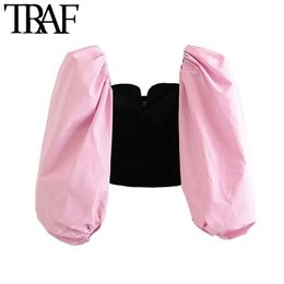 TRAF Women Vintage Stylish Patchwork Velvet Cropped Blouses Fashion V Neck Puff Sleeve Female Shirts Chic Tops Blusas Mujer 210415