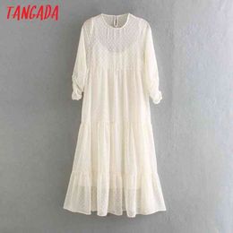 women dot embroidery ruffles mesh maxi dress short sleeve back button females 2 piece long dresses vestidos CE79 210416