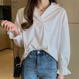 Women Shirts Blouses Autumn Lantern Long Sleeve Korean Solid Cotton V-neck Casual White Shirt Loose Tops Blusas 10508 210417