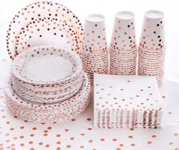 Disposable Dinnerware Plates Rose Gold Tableware Party Supplies Polka Dots Cutlery Sets For Wedding Bride Christmas Decoration