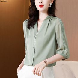Women's Blouses & Shirts Houthion Blouse Sleeve Top V-neck Summer 2021 Shirt Silk Solid Colour Beaded Fashion Casual Satin