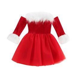 Girl's Dresses Girls Christmas Dress Off Shoulder Long Sleeve Fur Trim Tulle Tutu Gown For 1-7 Years