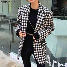 Chic Vintage Thick Houndstooth Woollen Women Coat Blends Winter Long Sleeve Notched Collar Korean Female Fashion Coats Femme 210513