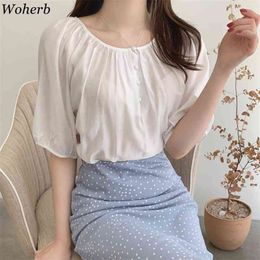 Japanese Style Cute Tops Women Summer Loose O Neck Pleated Back Lace-up Shirts Elegant Temperament Gentle White Blouses 210519