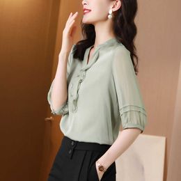 Korean Women's Shirt Silk Blouses for Women Half Sleeve Female Top Green Open Collar Blouse Woman OL 210604