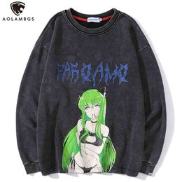Aolamegs Cartoon Anime Manga Green Hair Girl Print O-Neck Sweatshirt Washed Grey Cotton Casual Harajuku Vintage Hoodie Pullover 210813