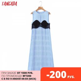 Tangada Women Bra Decorate Blue Pleated Midi Dress Sleeveless Korean Fashion Lady Midi Dresses Vestido 8H44 210609