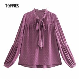 Women Fashion Purple Pink Long Sleeve Shirts Elegant Bow Ladies Blouse Casual Tops 210421