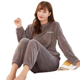 Large Size Autumn and Winter Fairy Warm Suit Casual Couple Home Lazy Trousers Coral Velvet Loose All-match Pajamas 211109